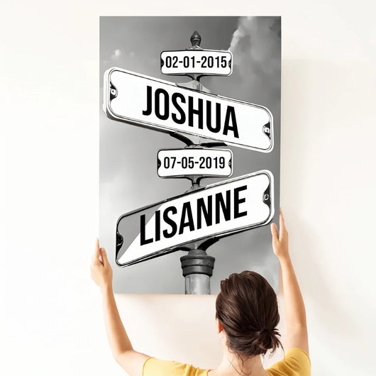 Crossed Paths™ personalized family name signpost canvas