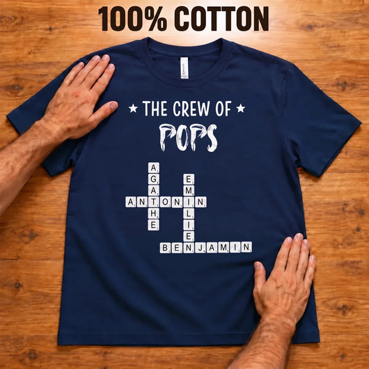 Pops' Tribe™ personalized crossword t-shirt with grandkids' names