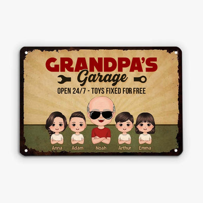 Grandpa's Garage™ personalized vintage metal sign with grandkids' names