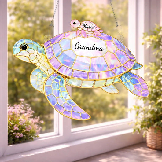 Family Turtles™ personalized stained glass suncatcher with names