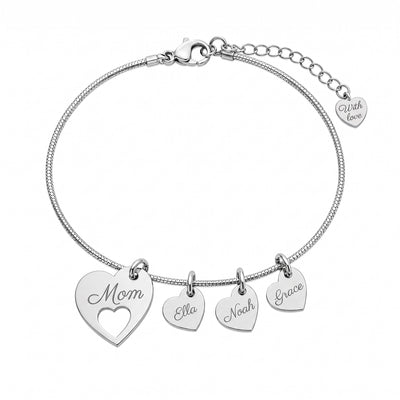 Silver heart name bracelet with Mom and kids names