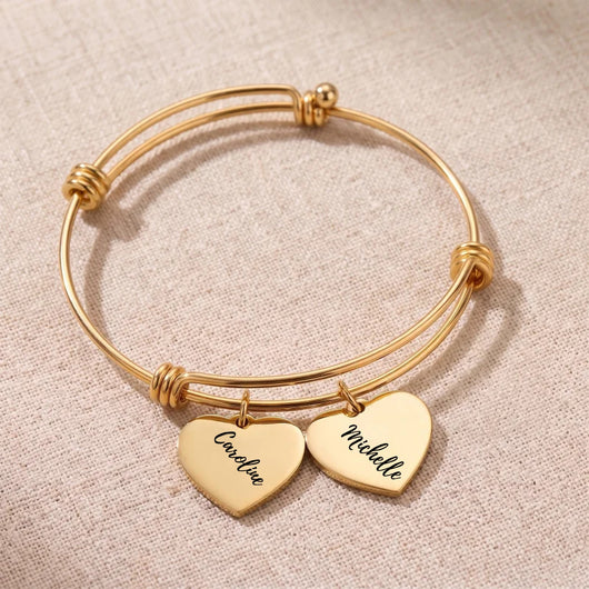 Gold Heartstrings bangle bracelet with 2 engraved heart charms