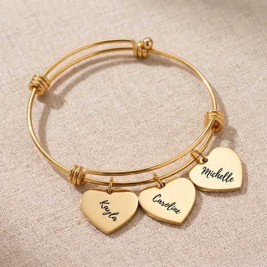 Gold Heartstrings bangle bracelet with 3 engraved heart charms
