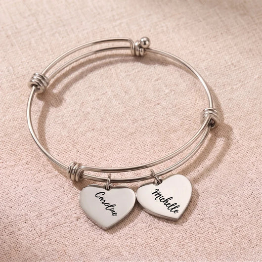 Silver Heartstrings bangle bracelet with 2 engraved heart charms