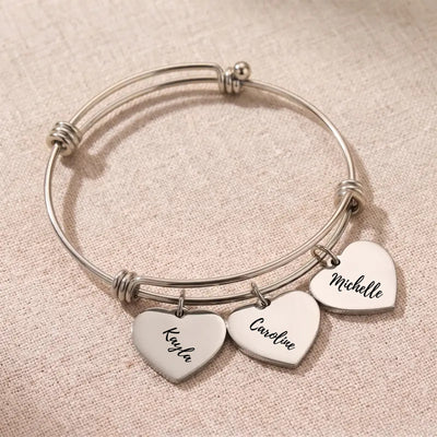 Silver Heartstrings bangle bracelet with 3 engraved heart charms