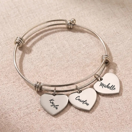 Silver Heartstrings bangle bracelet with 3 engraved heart charms