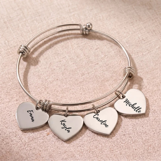 Silver Heartstrings bangle bracelet with 4 engraved heart charms