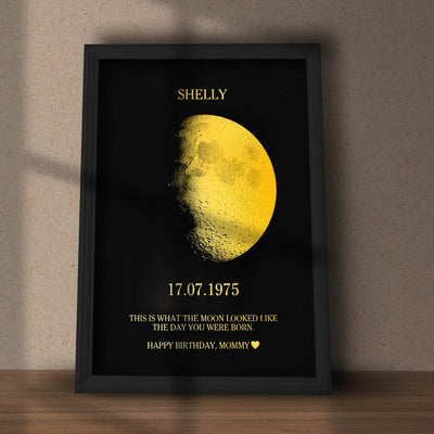 Personalized gold foil moon phase print in a black frame with name, date and message