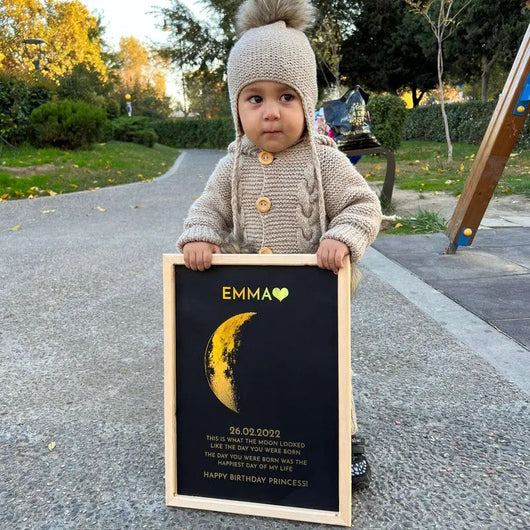 Little girl holding her personalized birth moon print