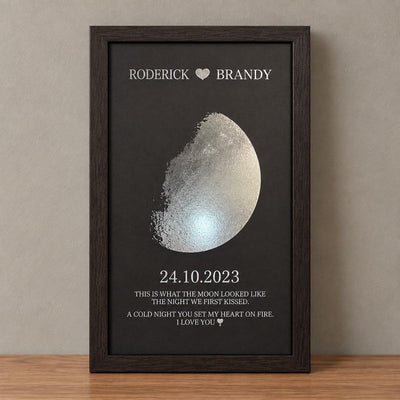 Silver foil moon phase print in a black walnut frame for a couple